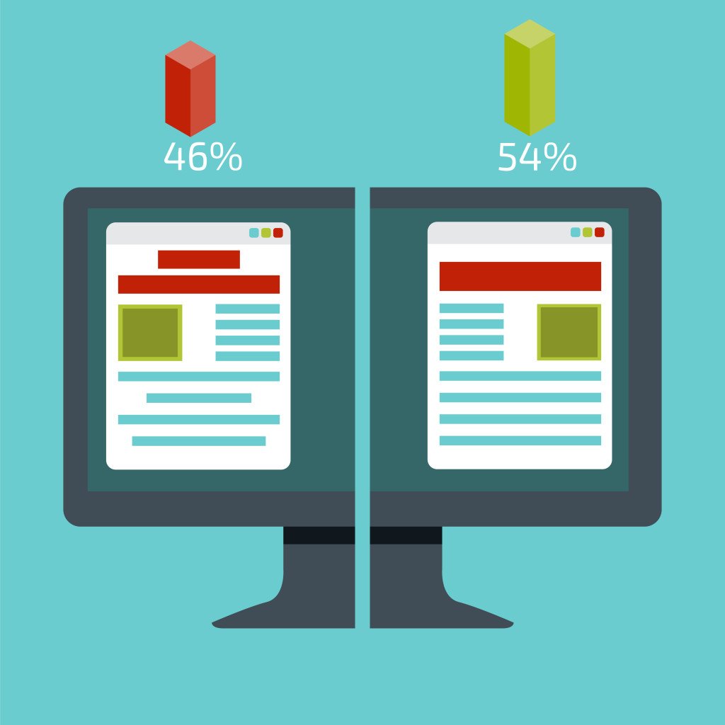 A-B comparison. Split testing. Concept with desktop computer vec