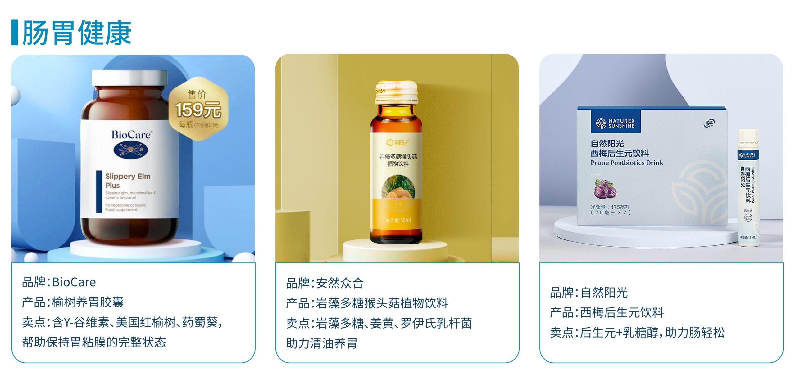 品牌:BioCare 产品:榆树养胃胶囊 卖点:含Y-谷维素、美国红榆树、药蜀葵,帮助保持胃粘膜的完整状态