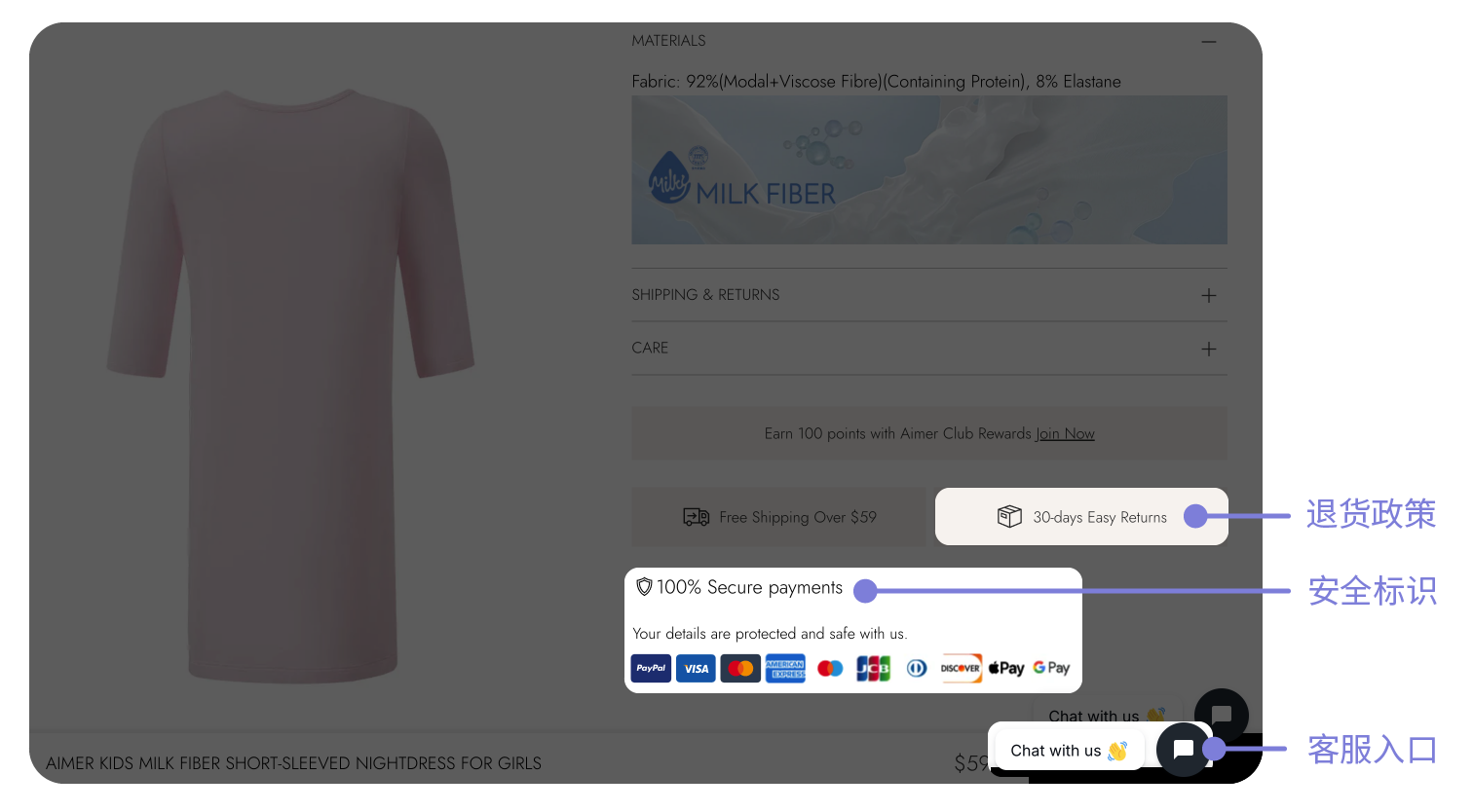 Aimer产品页面的结账信任三角
