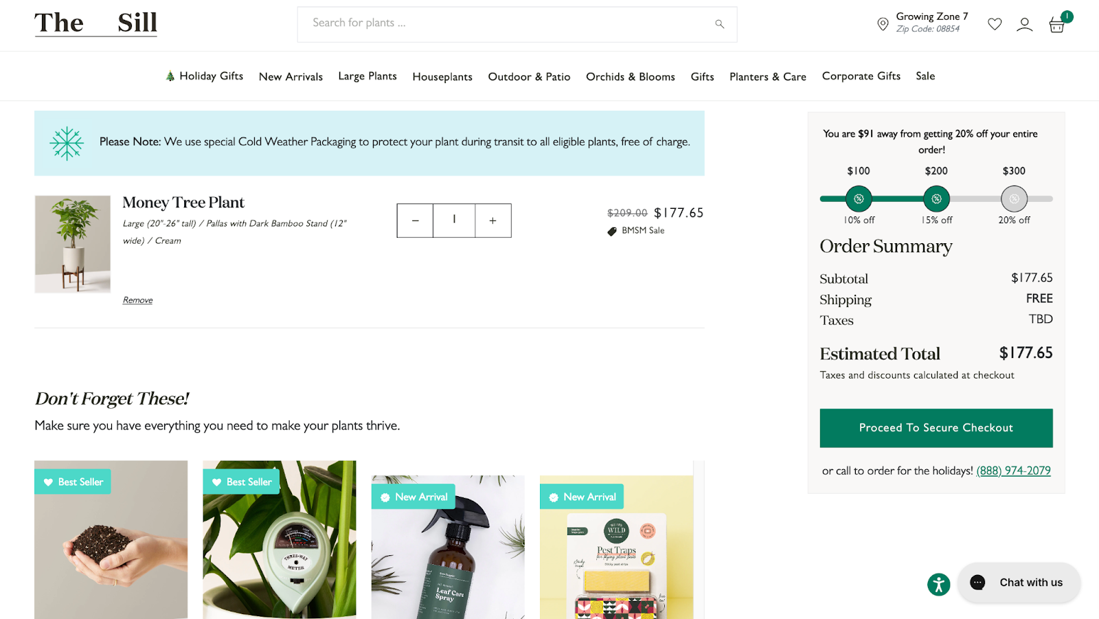 The Sill在购物车页面设置阶梯式阈值折扣、配件推荐等追加销售策略
