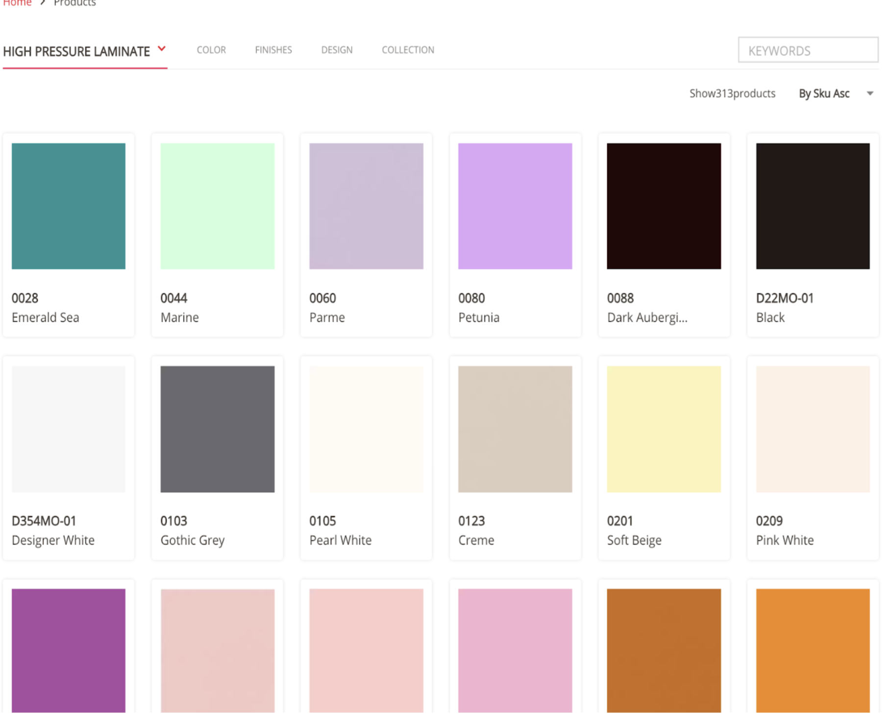 Wilsonart对建筑装饰材料的分类,让用户可通过颜色、材质、表面处理等多个维度快速缩小搜索范围