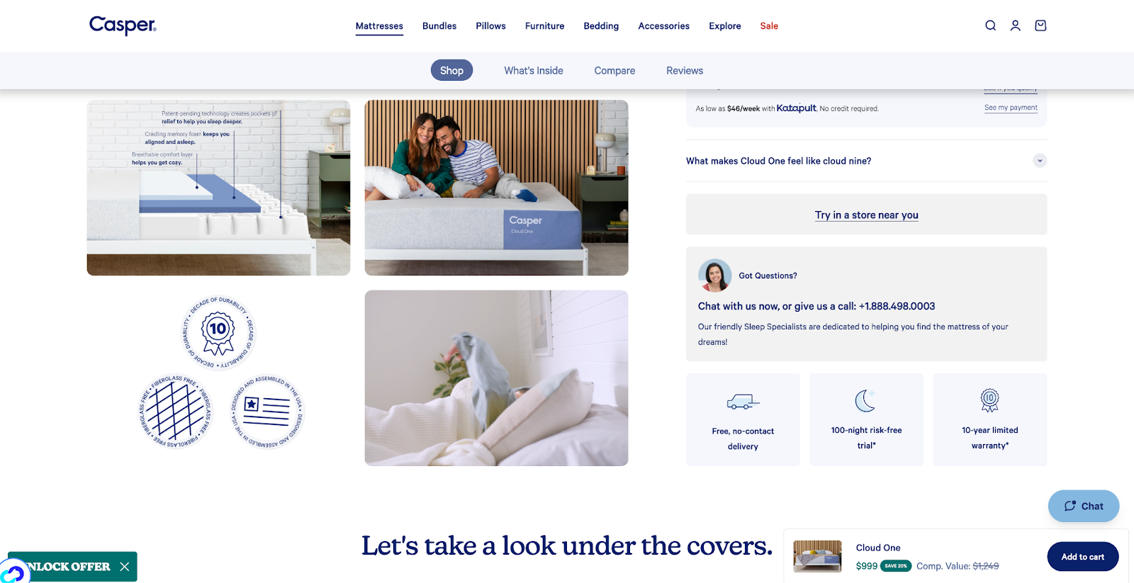 Casper的100晚免费试睡政策展示在产品详情页显眼处