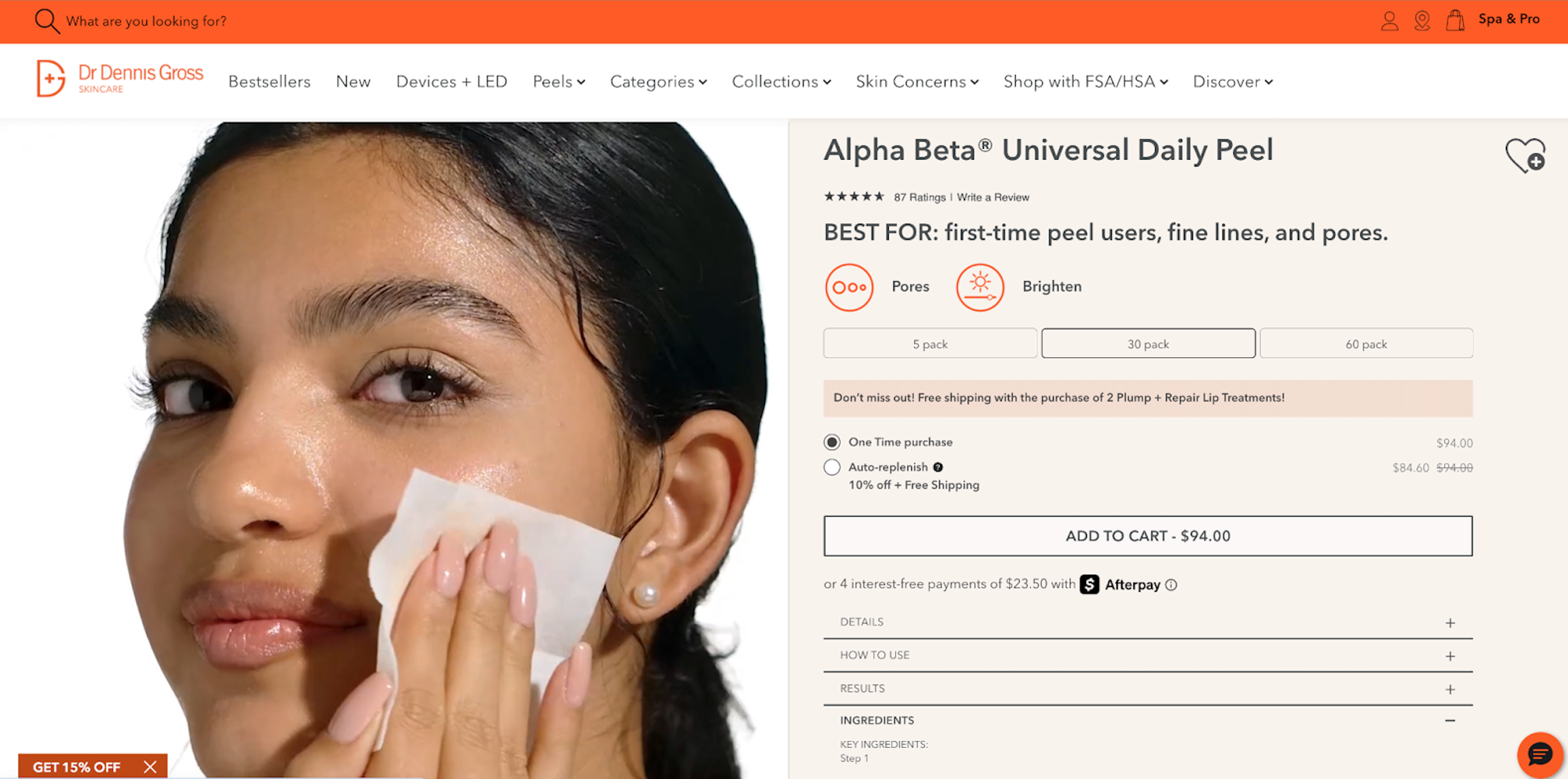 Dr. Dennis Gross产品页在首屏就明确展示适用人群、评分、安全支付、功效成分等信息