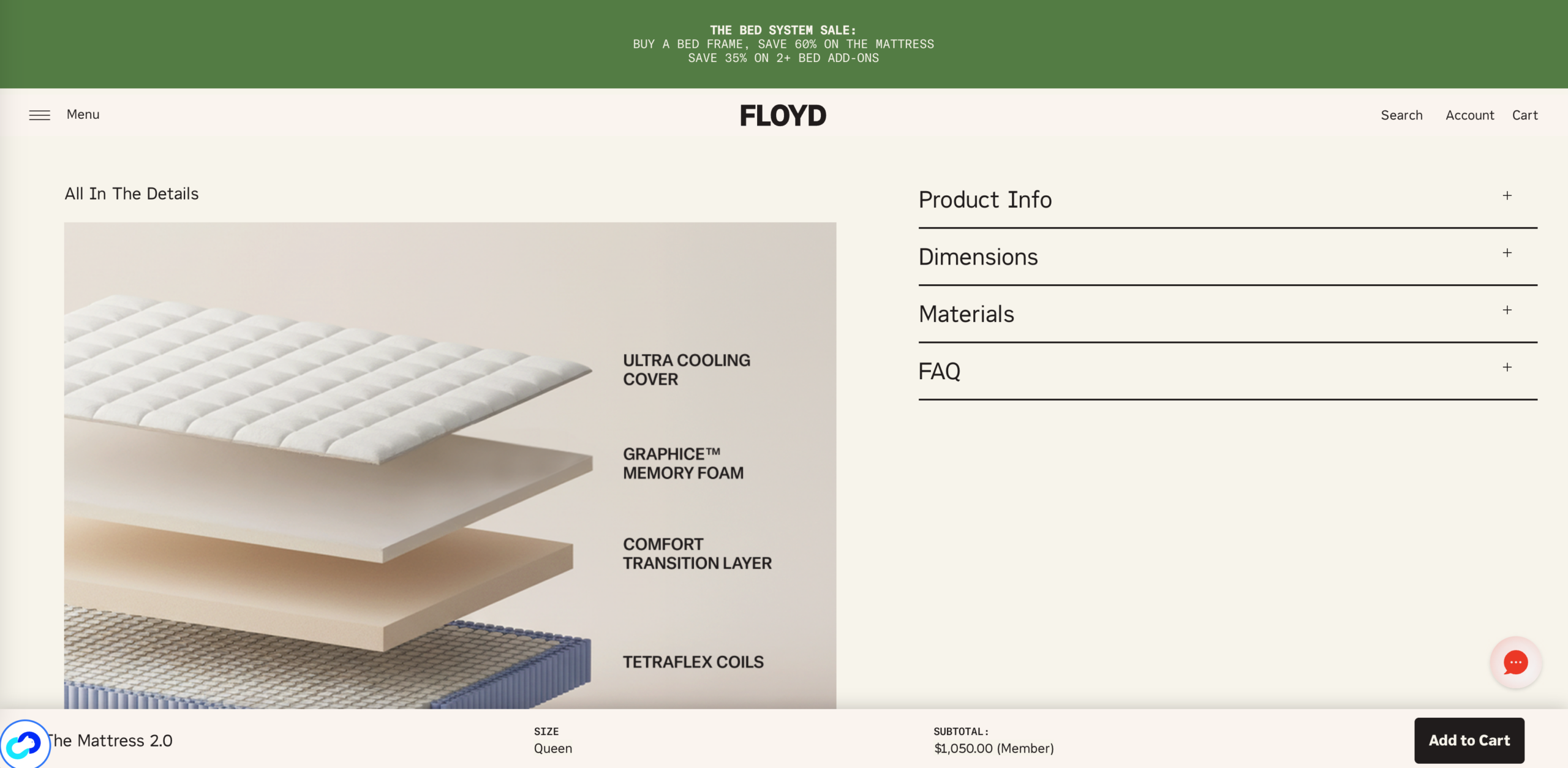  模块化家具品牌 Floyd 产品页设置悬浮式加购按钮