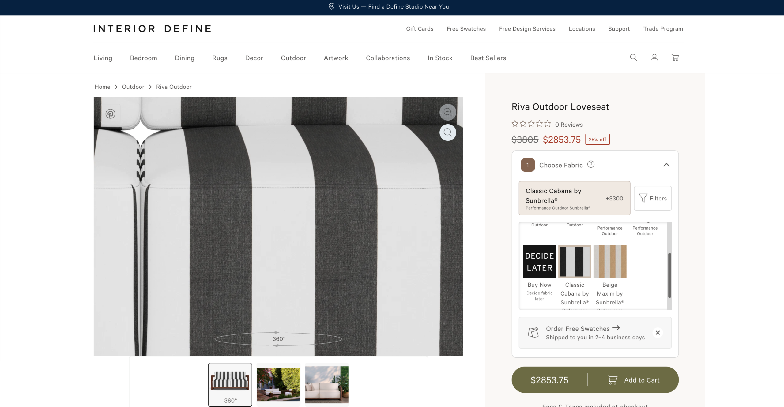 Interior Define提供替换花纹+ 360&deg; 视图 + 4K 高清放大功能，消费者可近距离检视布料纹理和缝线细节。