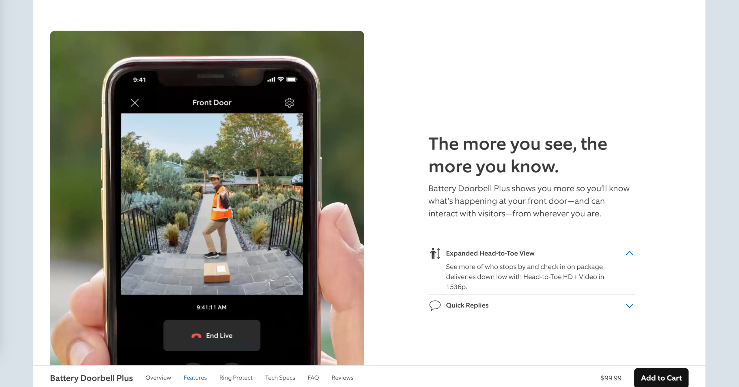 Ring 在页面中直接展示&ldquo;手机实时查看门口画面&rdquo;的使用场景，让用户一眼理解产品如何帮助自己远程确认访客与包裹