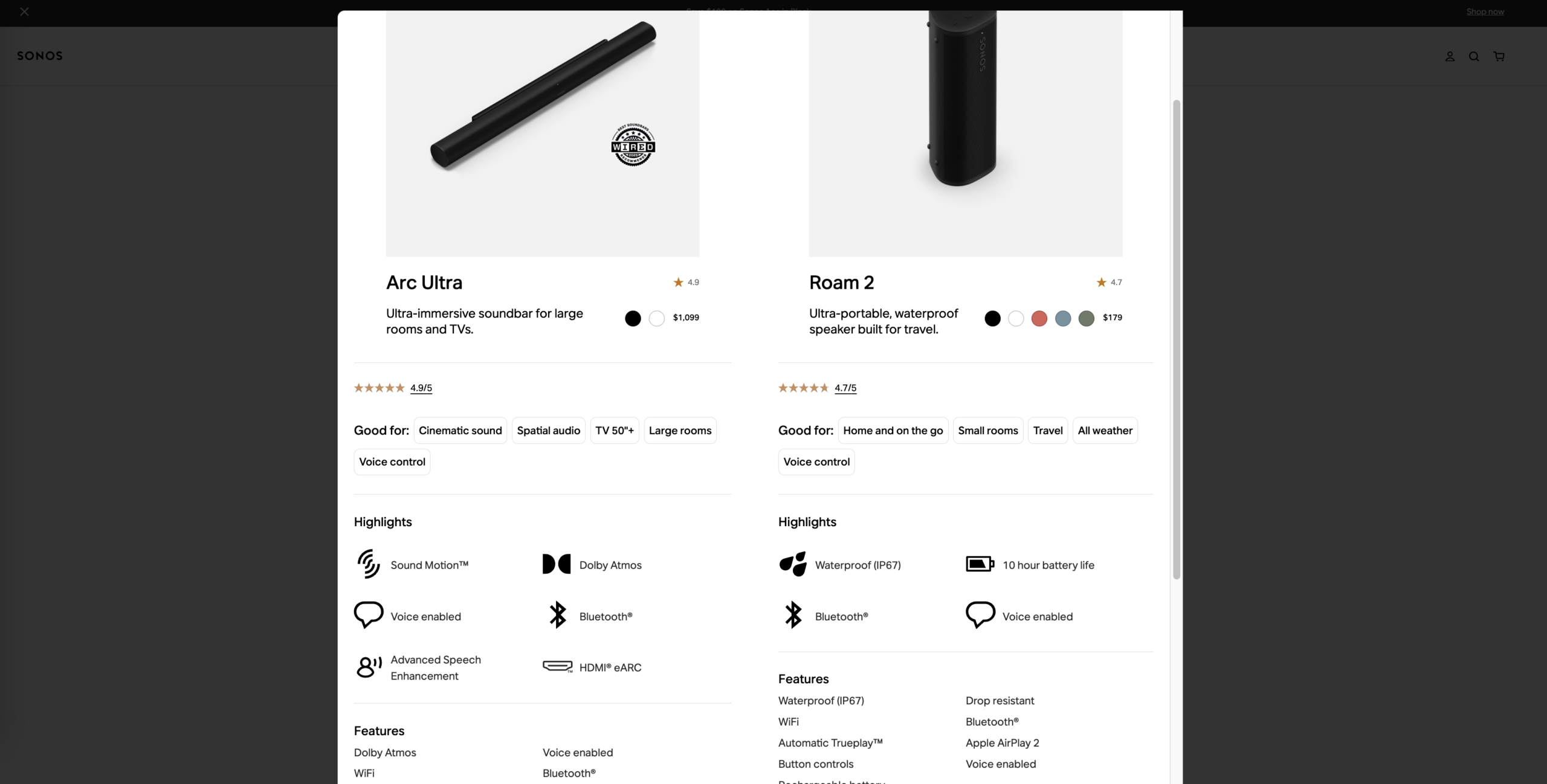 Sonos 在产品对比中直接标注&ldquo;适合大空间 / 适合旅行等使用场景，让用户无需对比参数就能快速判断哪款产品更适合自己。