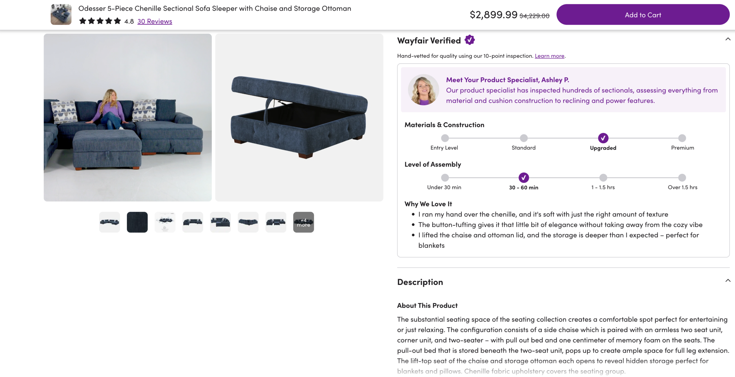 Wayfair 在产品页中直接展示&ldquo;专家实际体验评价&rdquo;、视频展示和&ldquo;安装耗时、材质等级&rdquo;等关键信息