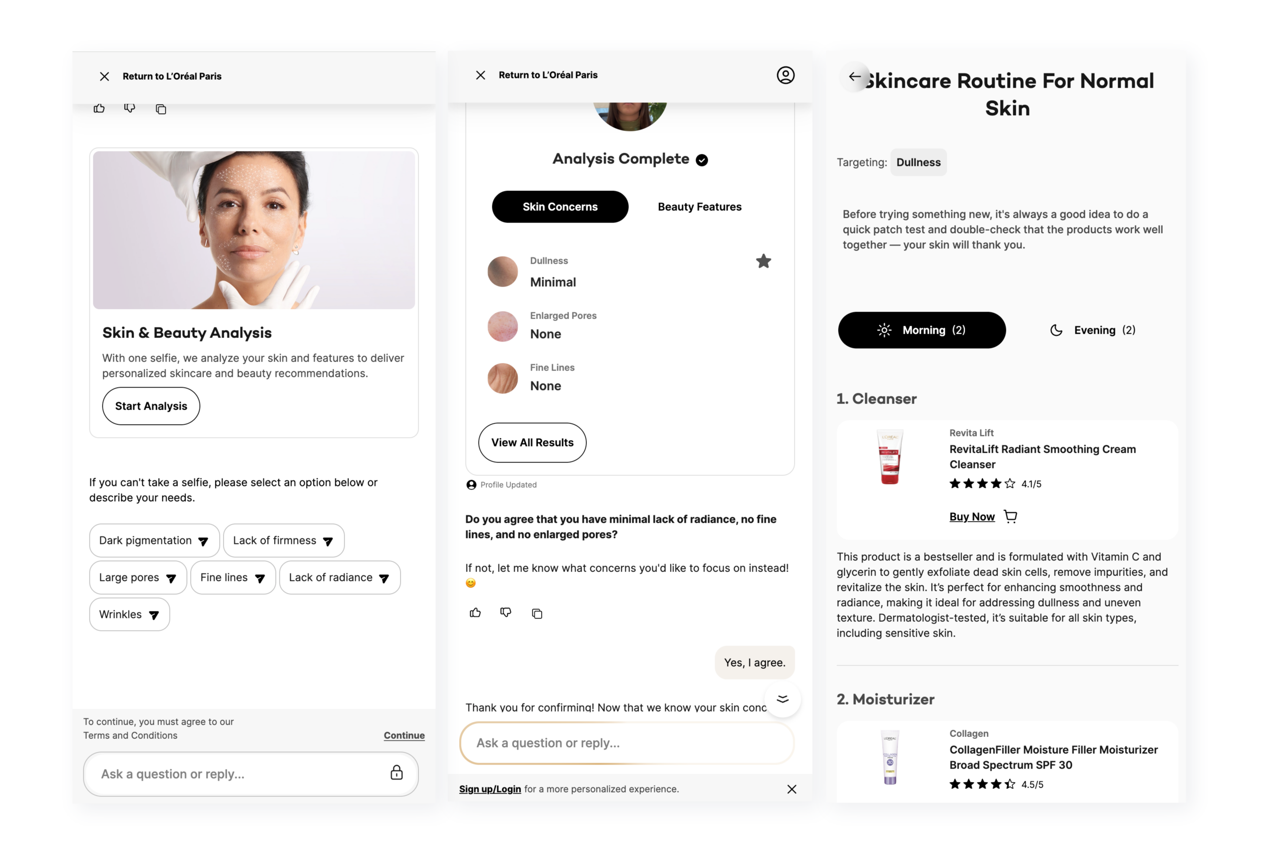 巴黎欧莱雅围绕用户肤质、肌肤诉求和护肤习惯设计问卷，实现个性化的产品推荐