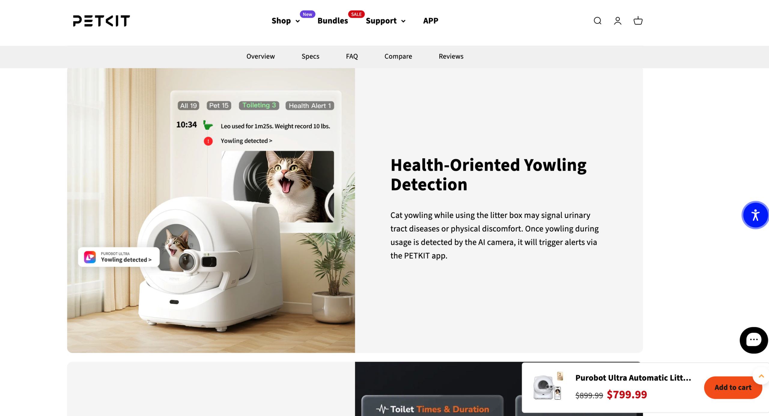 PETKIT PUROBOT ULTRA 自动猫砂盆在产品详情页展示AI 摄像头检测猫咪如厕时的嚎叫行为，可预警泌尿疾病等健康风险并通过 APP 推送提醒。