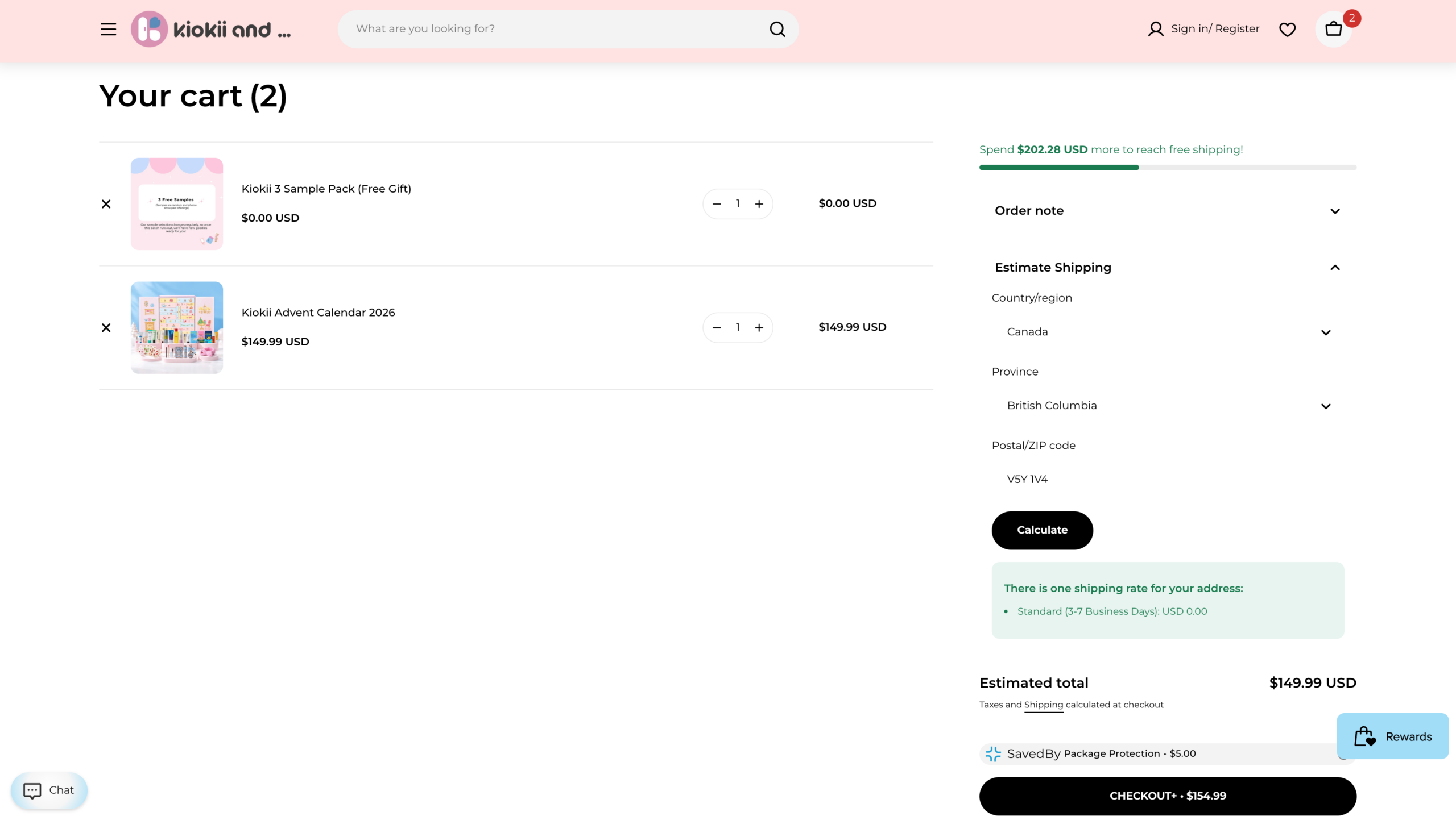 Kiokii and... 在购物车页面直接提供了 “Estimate Shipping” 预估运费