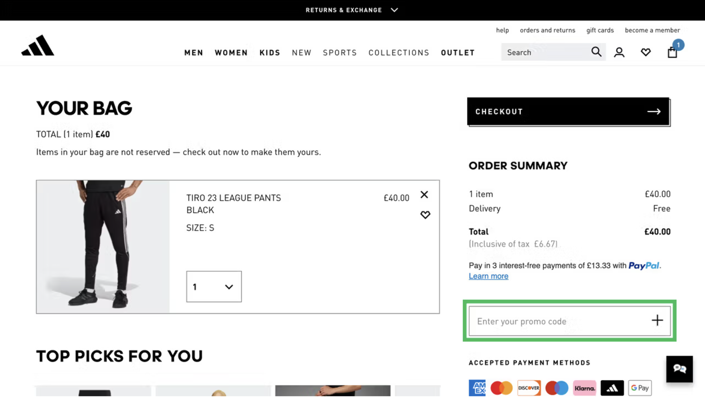 Adidas在购物车页面保留优惠码入口,但默认折叠输入框
